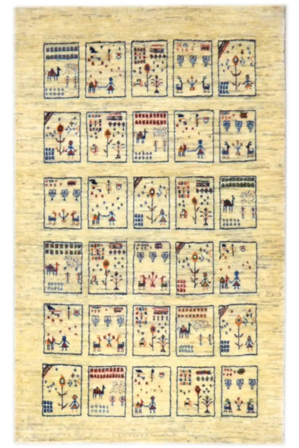 Gabbeh rug, 133×82 cm, beige background with a blue pattern and figures