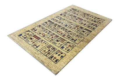 Gabbeh rug, 133×82 cm, beige field with a rectangular border and blue motifs