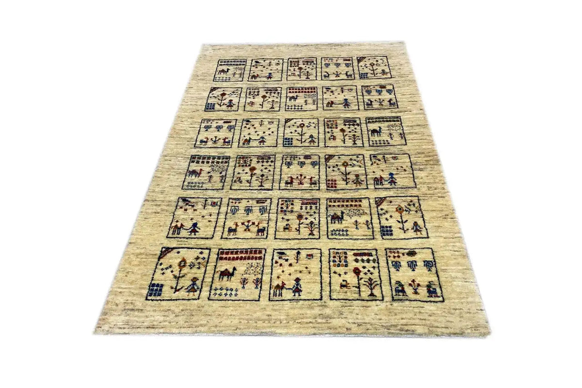 Gabbeh rug, beige background with colorful small square motifs in blue and red