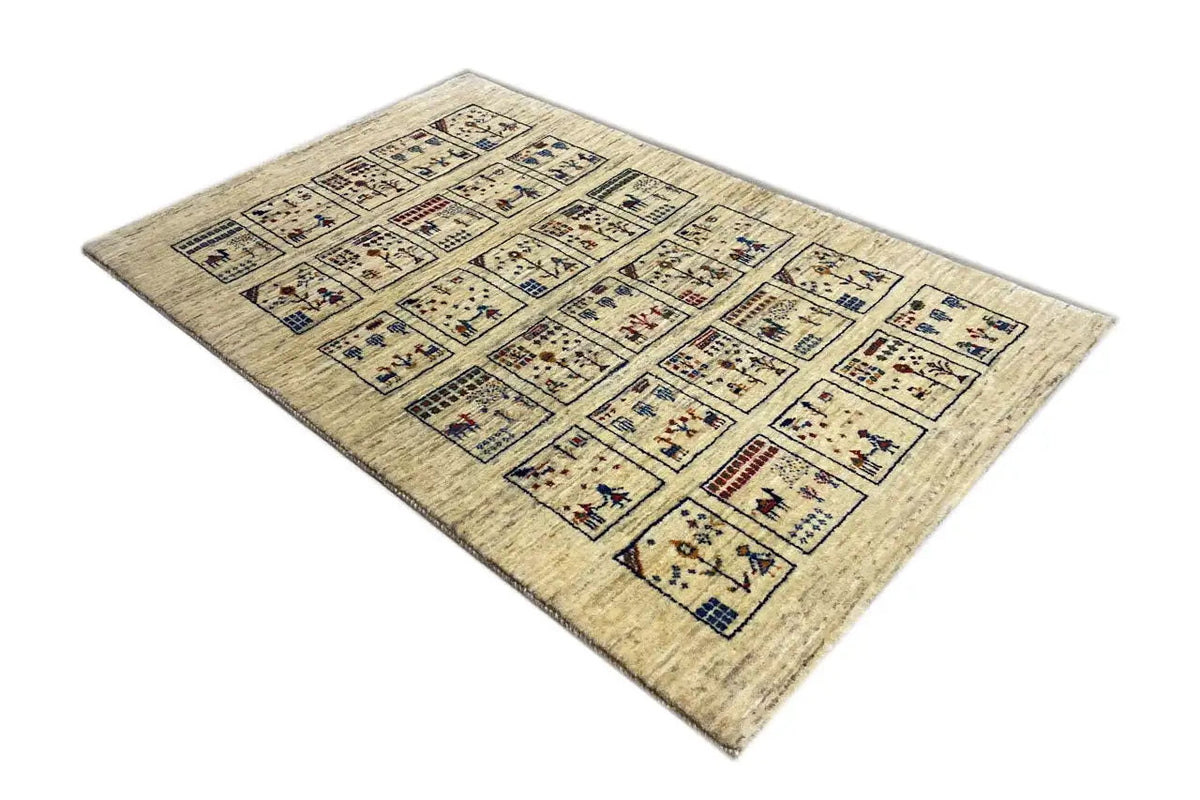 Gabbeh rug with a beige background, square grid, and blue-red embellishments