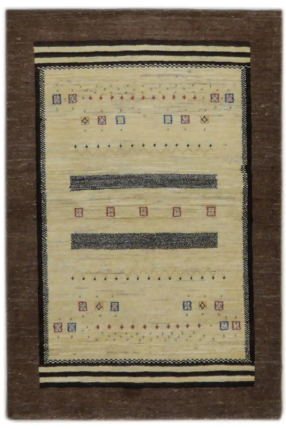 Gabbeh rug with a brown border and beige decorative pattern, 126x84 cm