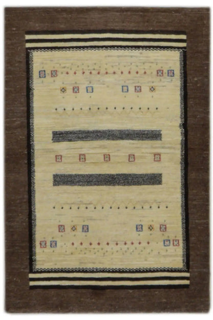 Gabbeh rug with a brown border and beige decorative pattern, 126x84 cm