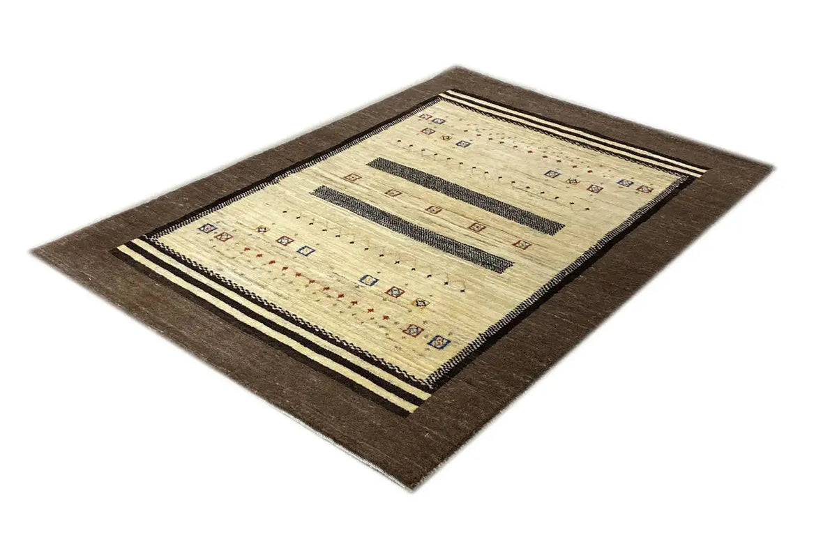 Rectangular Gabbeh rug: brown border, beige field with decorative bands and patterns