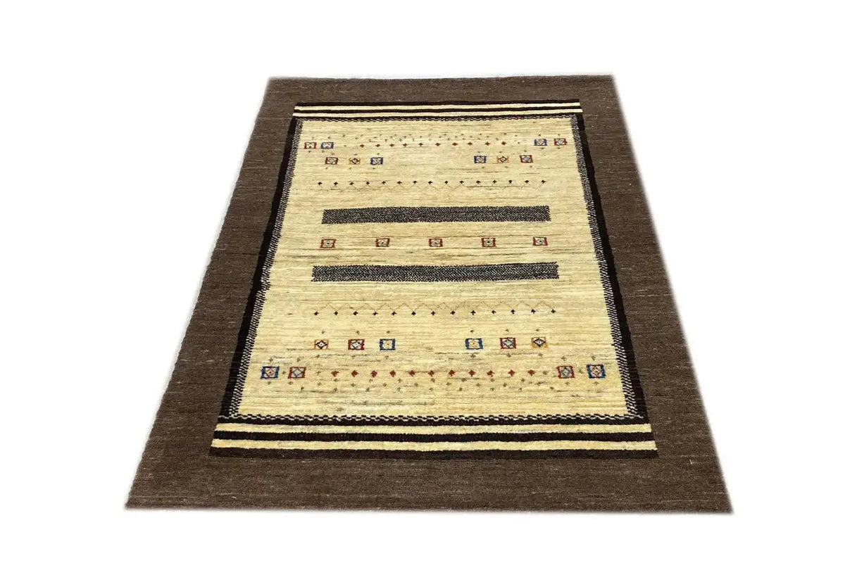 Rectangular Gabbeh rug: brown border, beige field with horizontal ornamental bands