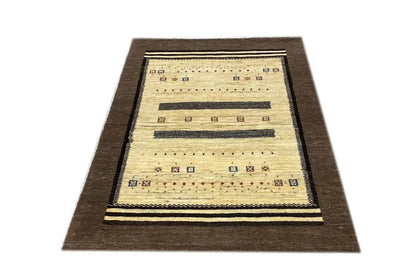 Rectangular Gabbeh rug: brown border, beige field with horizontal ornamental bands