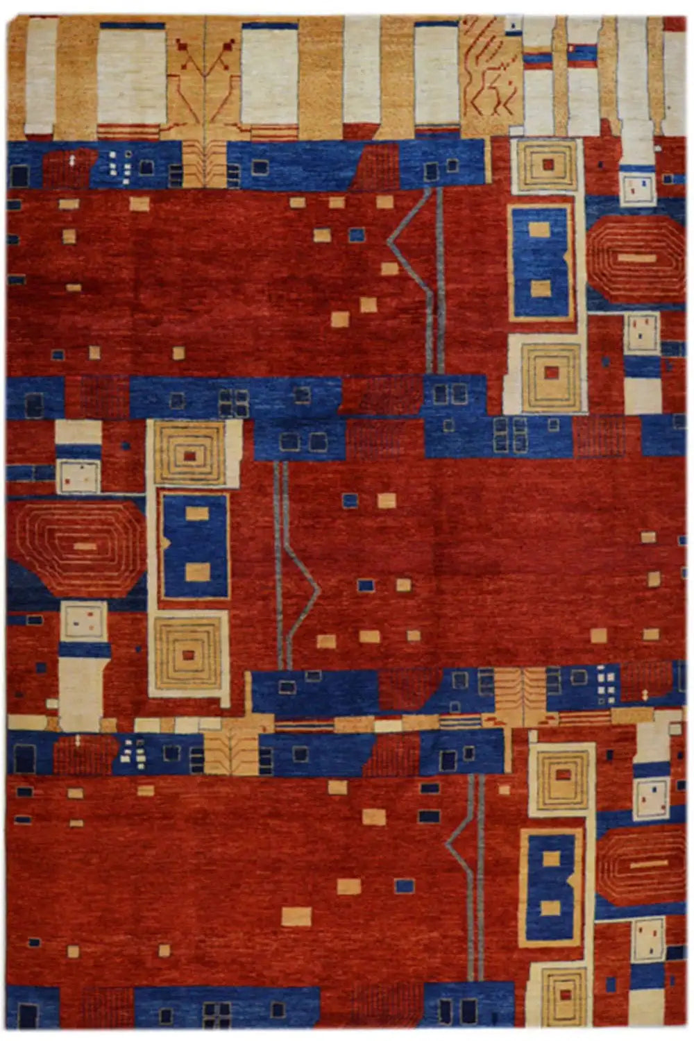 Gabbeh rug with a geometric pattern in red, blue, and beige, rectangular