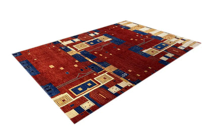 Lori Gabbeh rug with geometric squares in shades of red and blue, rectangular