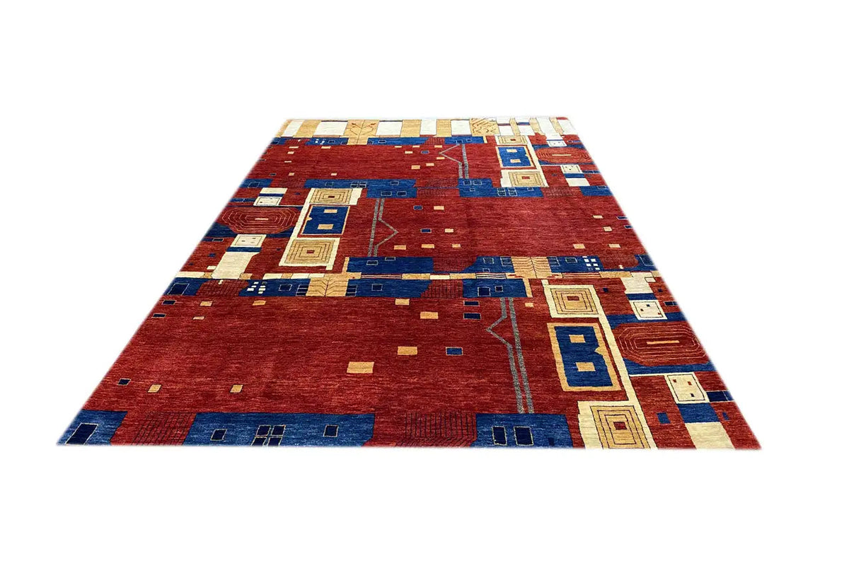 Gabbeh rug Lori, large format: geometric patchwork in red, blue, and cream