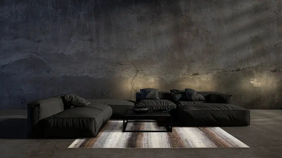 Gabbeh rug with a striped pattern in gray, beige, and brown
