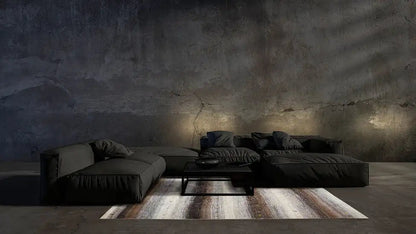 Gabbeh rug with a striped pattern in gray, beige, and brown