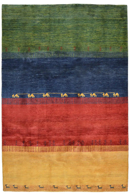 Gabbeh rug with stripes in green, blue, red, and yellow, and animal motifs along the edge