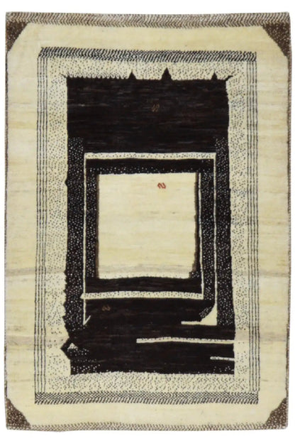Gabbeh rug 123x83 cm with a geometric square pattern in cream and dark brown.