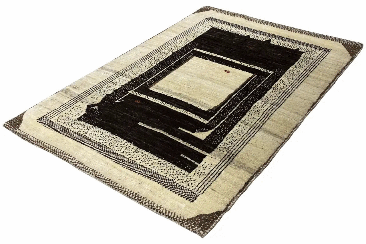 Gabbeh rug with nested rectangular frames, cream with black and brown.
