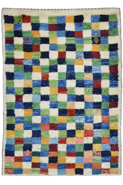 Gabbeh rug with colorful checkered pattern, 89x64 cm, rectangular
