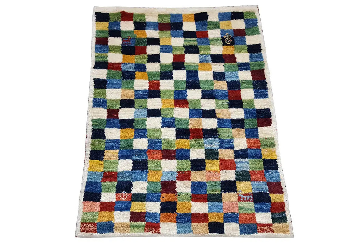 Square, flat-woven rug with a multicolor checked pattern
