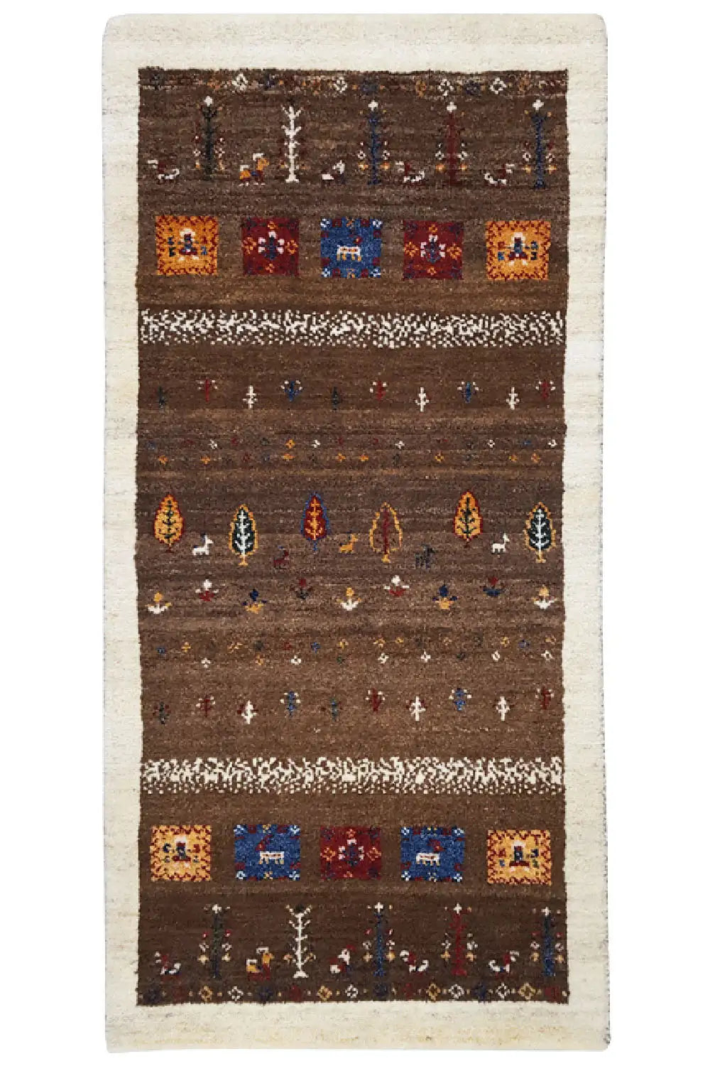 Gabbeh rug 139x67 cm, dark brown pattern with multicolored motifs, cream-colored border