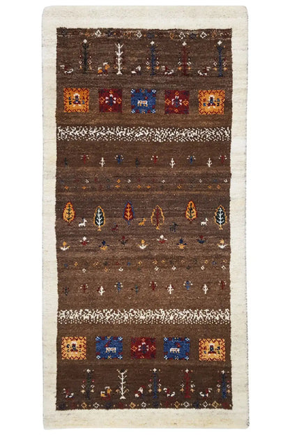 Gabbeh rug 139x67 cm, dark brown pattern with multicolored motifs, cream-colored border