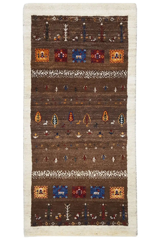 Gabbeh rug 139x67 cm, dark brown pattern with multicolored motifs, cream-colored border