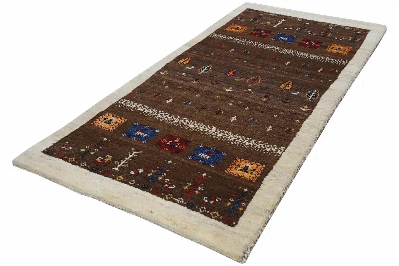 Gabbeh rug 139x67 cm, dark brown, geometric motifs in blue/red/yellow, cream-colored border