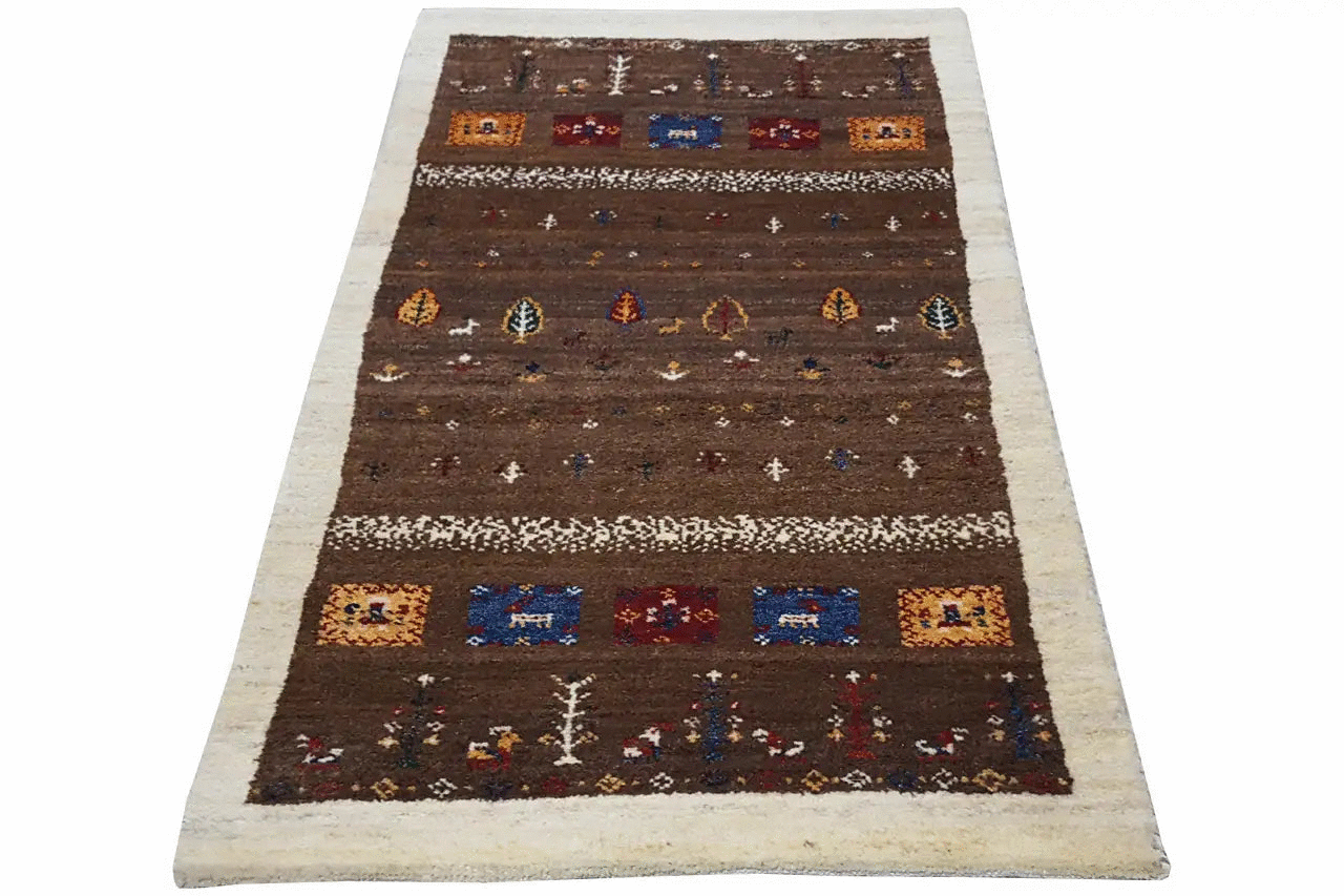 Gabbeh rug 139x67 cm, brown field pattern with rows of symbols, cream-colored border