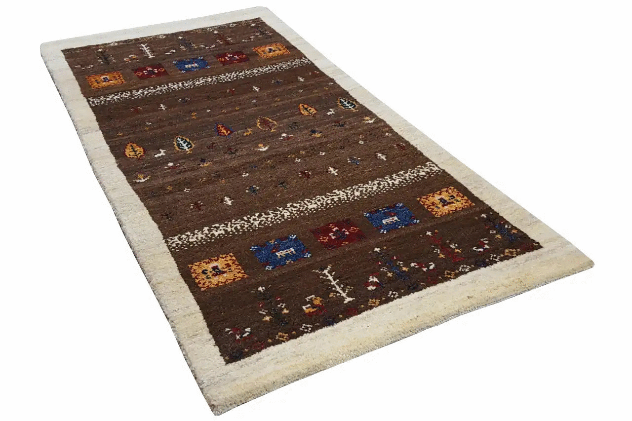 Gabbeh rug 139x67 cm, dark brown with colorful diamonds and symbols, cream-colored border