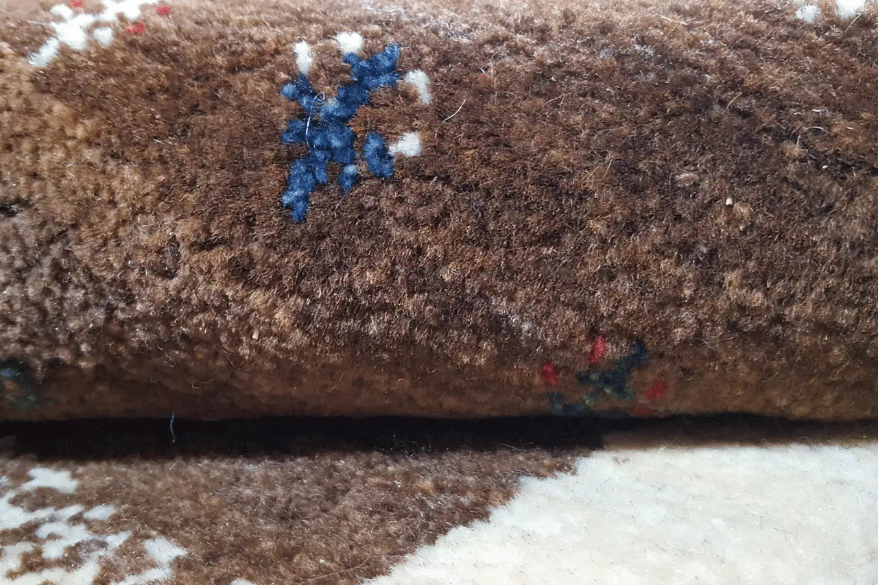 Gabbeh rug, close-up of the pile: dark brown surface with a blue ornament
