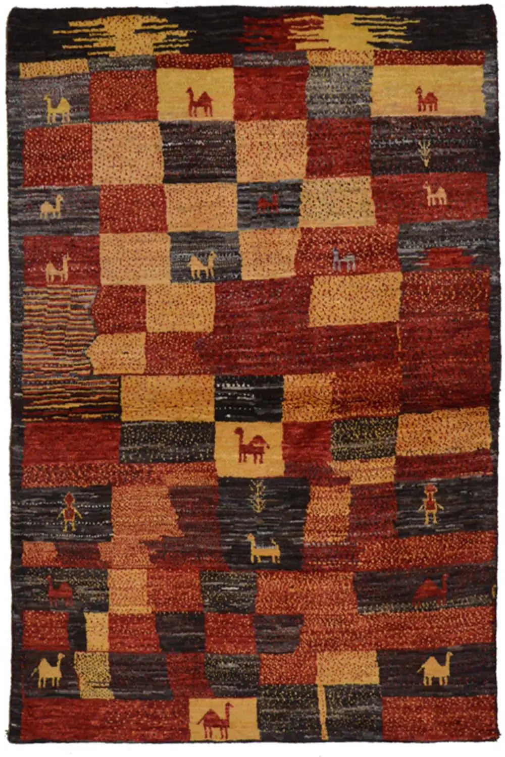 Gabbeh rug with patchwork squares in red, beige and gray