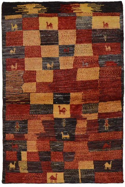 Gabbeh rug with patchwork squares in red, beige and gray