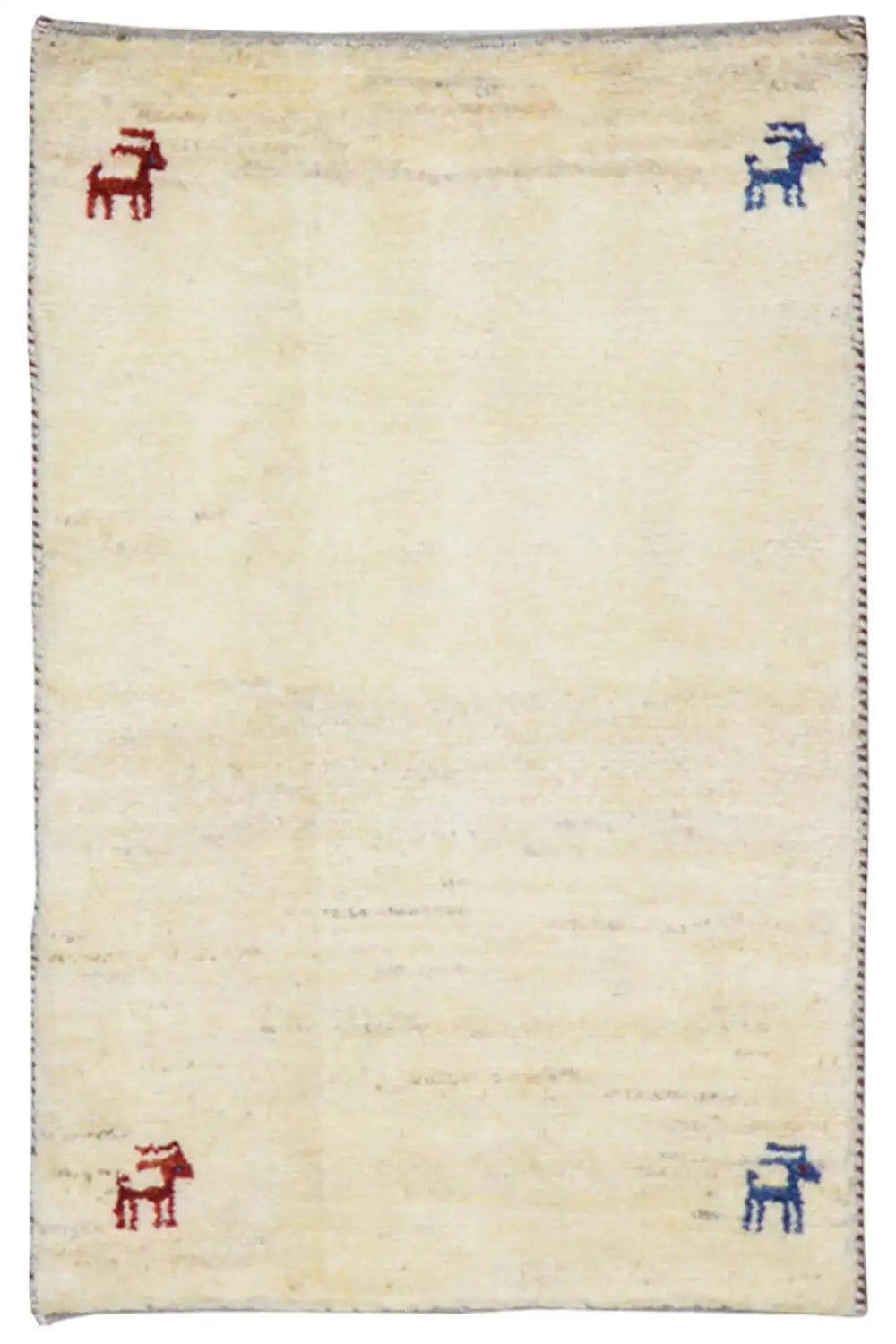 Gabbeh rug 86x56 cm, beige background with red and blue animal motifs in the corners