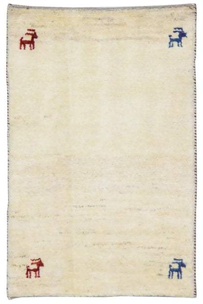 Gabbeh rug 86x56 cm, beige background with red and blue animal motifs in the corners