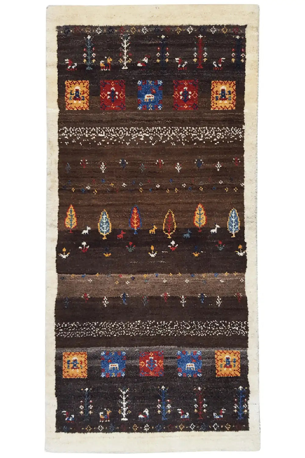 Gabbeh-Lori rug, dark brown with multicolored ornamental stripes and medallions