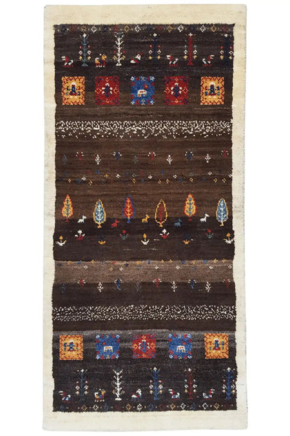 Gabbeh-Lori rug, dark brown with multicolored ornamental stripes and medallions
