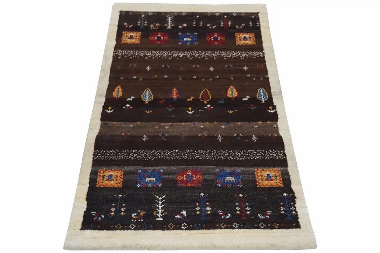Gabbeh Lori rug, rectangular, in dark brown with colorful rows and a border