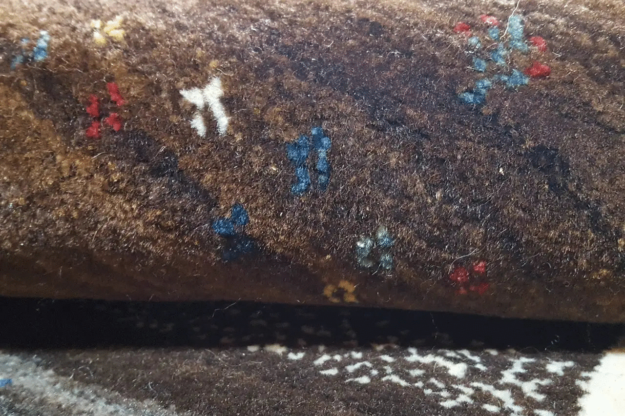 Close-up: dark brown carpet background with small blue, red, and white patterns
