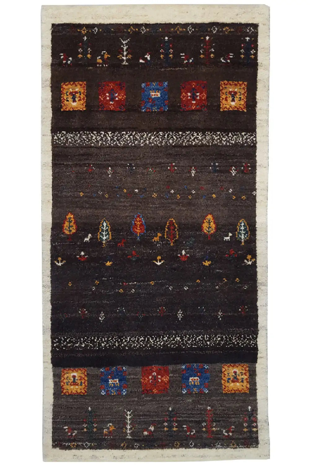 Gabbeh rug with a dark pattern and colorful squares, with a light-bordered edge (135x66 cm).