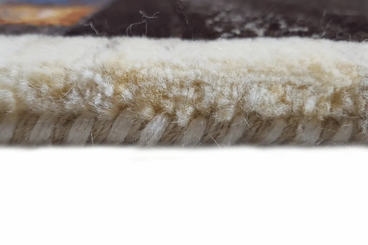Gabbeh rug detail: light-colored fringes and rug edge with a dense, coarse pile texture.
