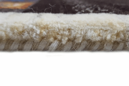 Gabbeh rug detail: light-colored fringes and rug edge with a dense, coarse pile texture.
