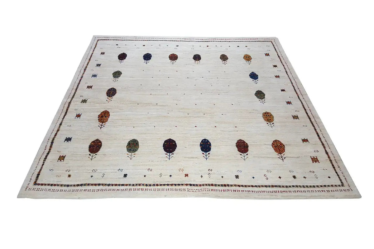 Gabbeh rug with central round medallions and surrounding decorative border