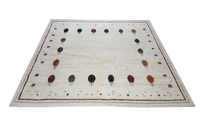 Gabbeh rug with central round medallions and surrounding decorative border