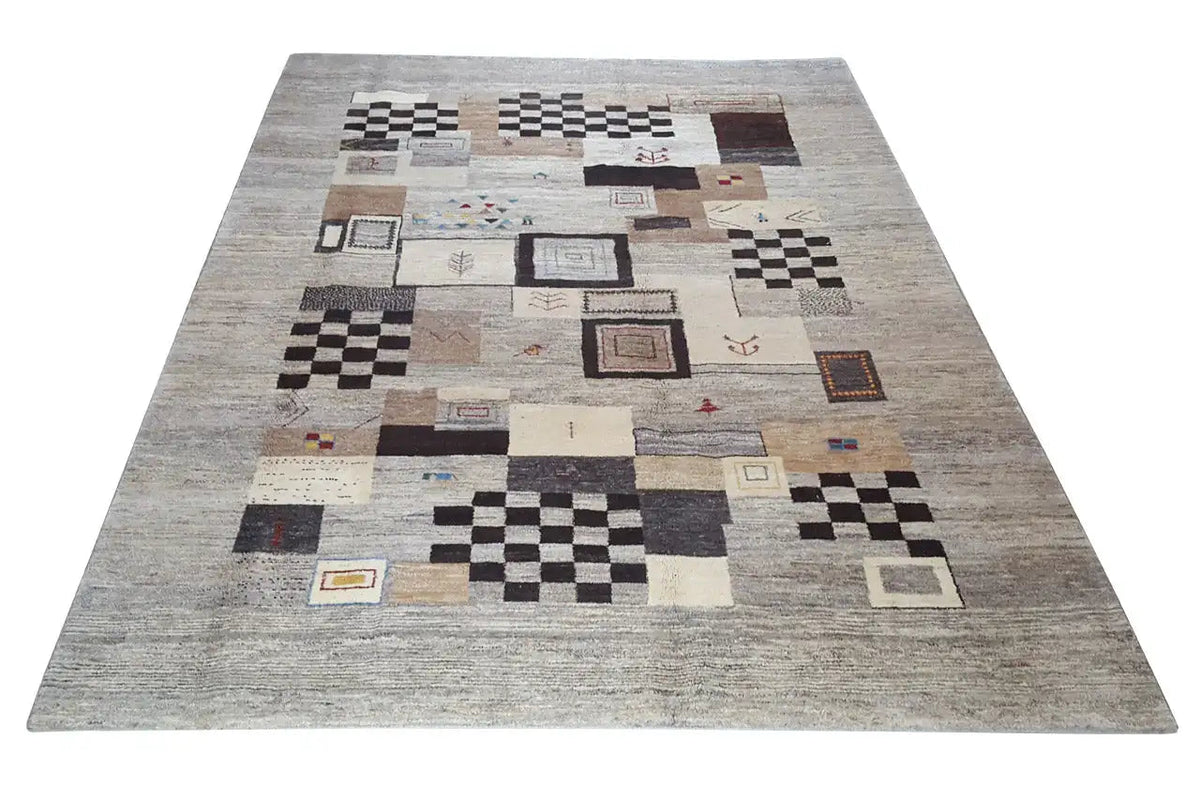 Gabbeh rug with a square patchwork pattern, beige with black-brown accents