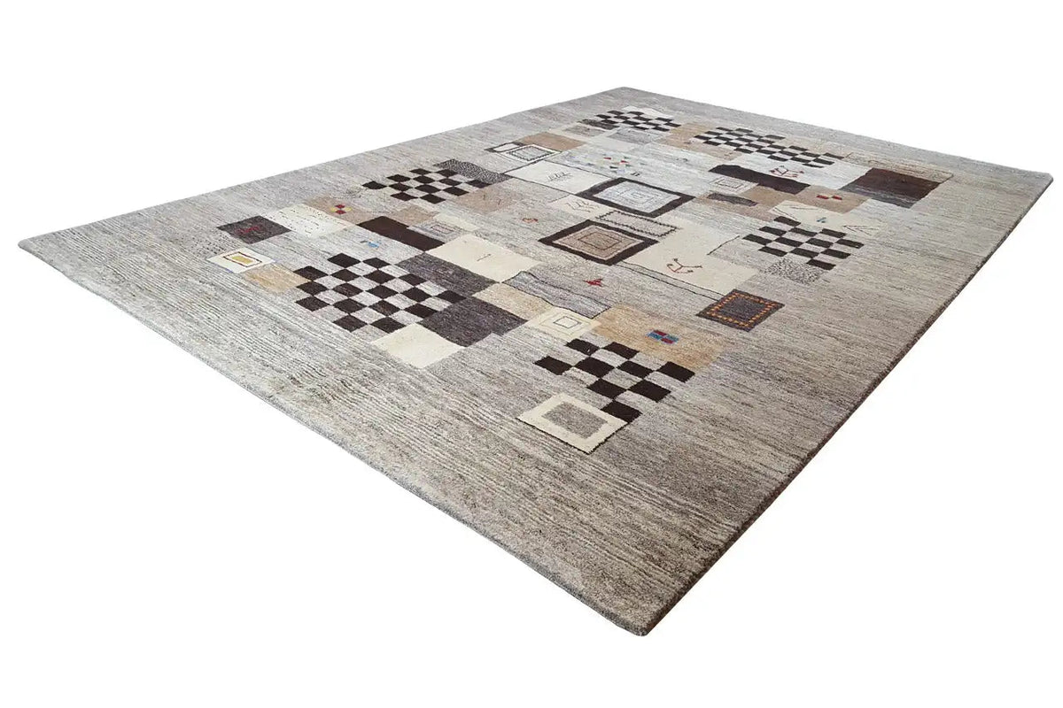 Gabbeh rug with a geometric pattern of squares and rectangles in light beige