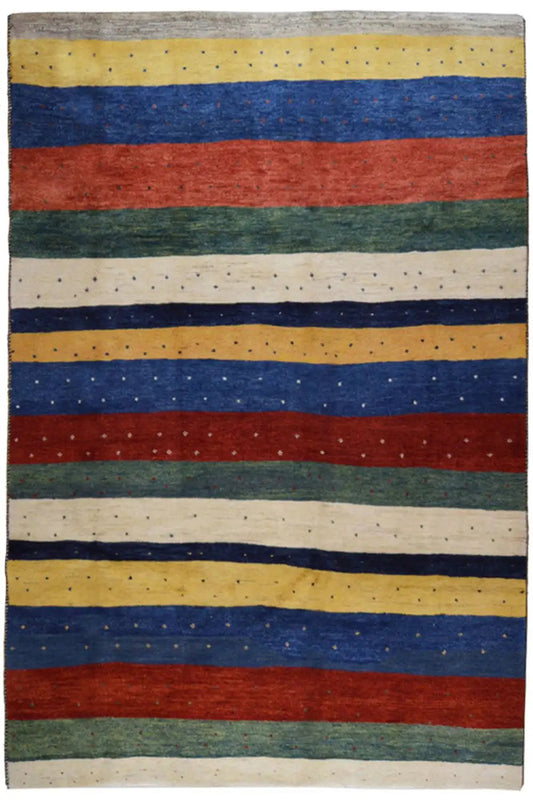 Gabbeh rug with horizontal stripes in blue, red, yellow, and green, rectangular