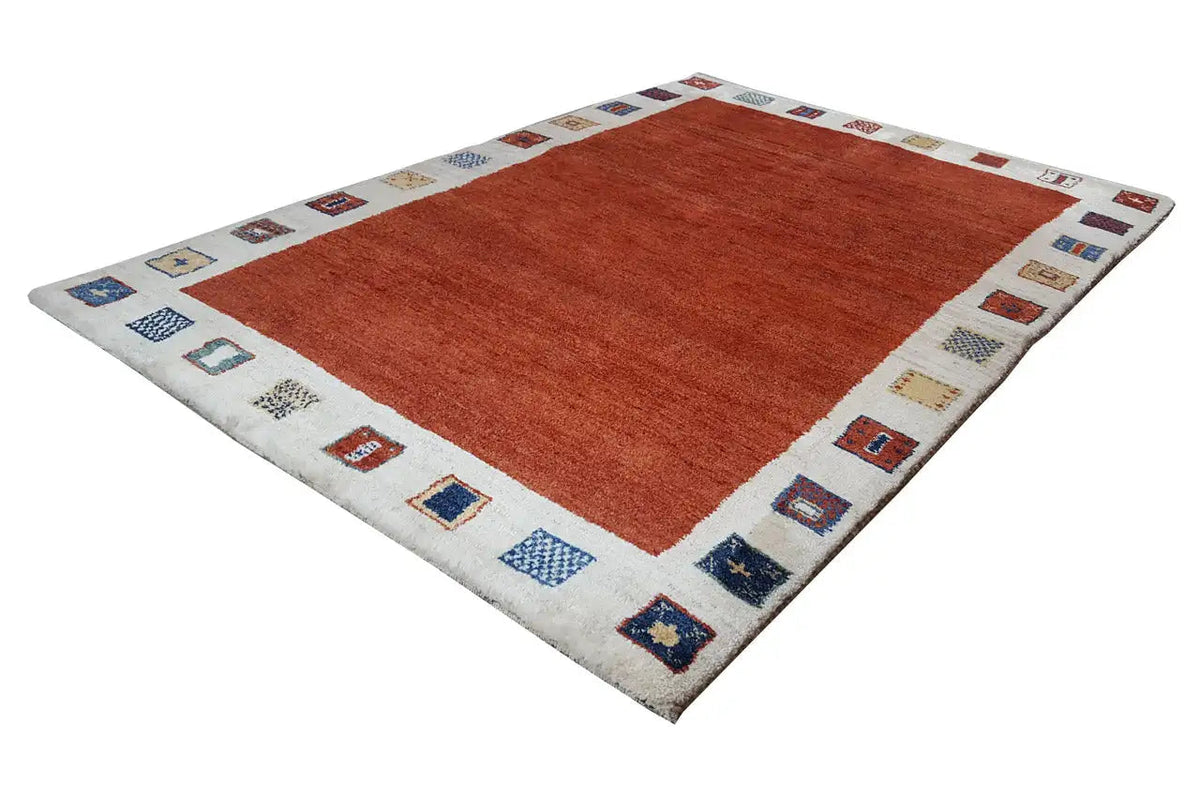 Gabbeh rug 206x150 cm with a red center and multicolored block border