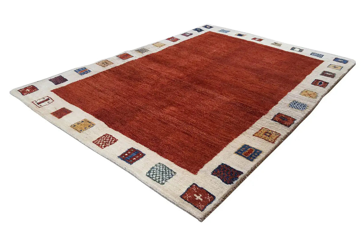 Gabbeh rug 206x150 cm, red field with multicolored border pattern