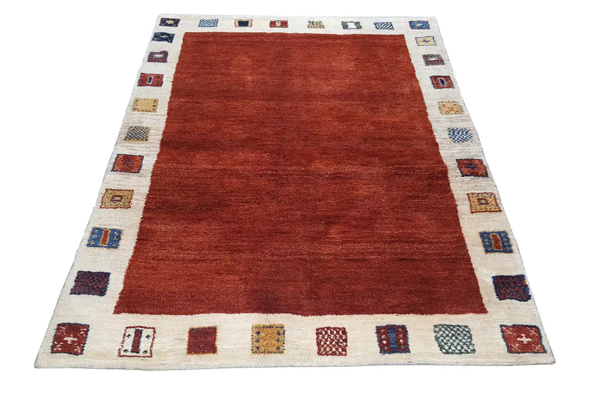 Gabbeh rug 206x150 cm with red center field and square border design