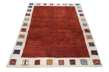 Gabbeh rug 206x150 cm with red center field and square border design