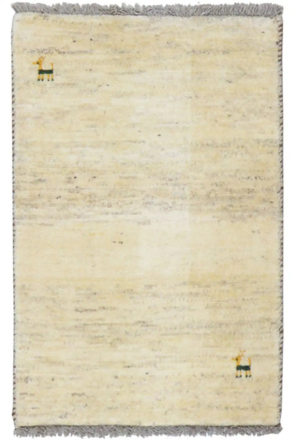 Beige Gabbeh rug with a dark border and fringes, small animal motifs