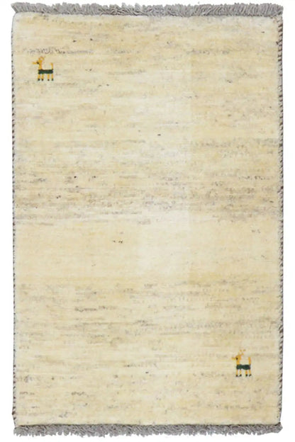 Beige Gabbeh rug with a dark border and fringes, small animal motifs
