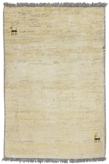 Gabbeh rug 87x59 cm, beige pile, fringes, small animal motifs