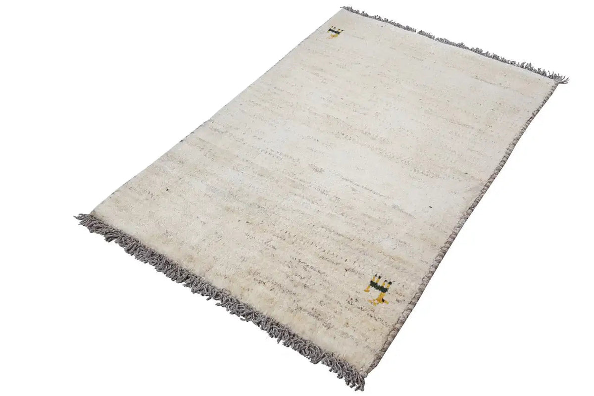 Gabbeh rug 87x59 cm, beige pile, fringes, subtle linear texture